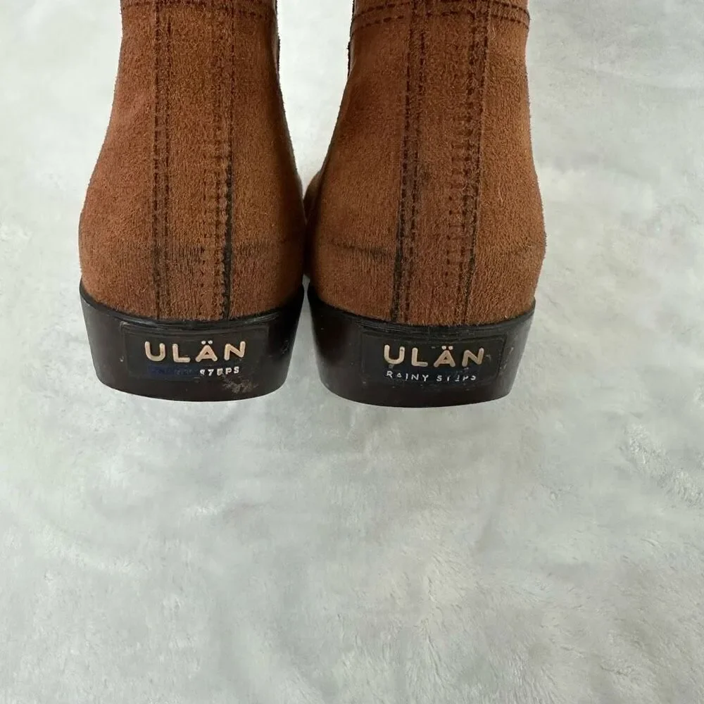 Ulan Women's 8 Fabric Touch Rain Boots Brown Mid Calf‎ Chunky Lug Sole Outdoor